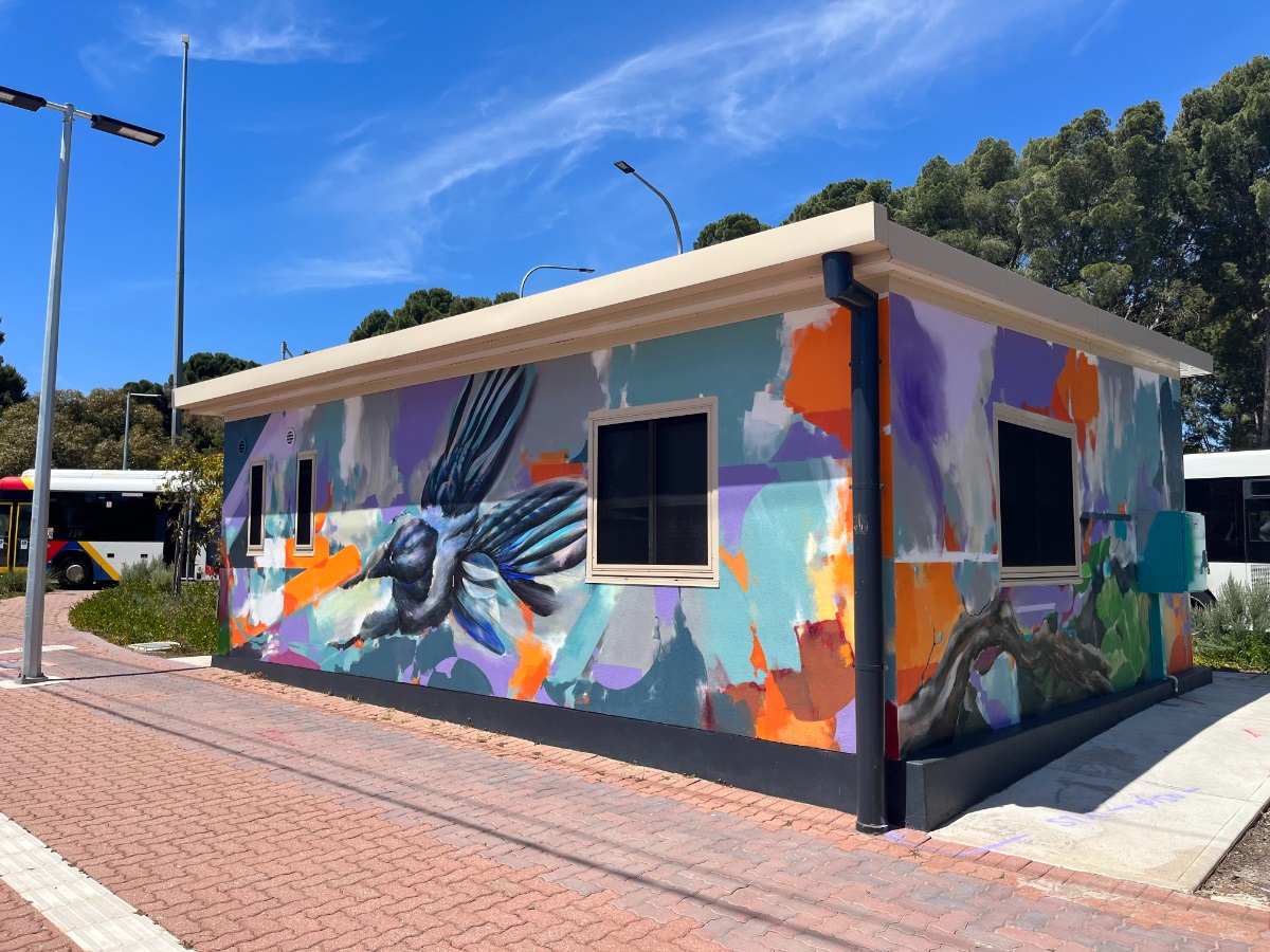 Murals on the side of the drivers amenities building at the Old Reynella bus interchange.