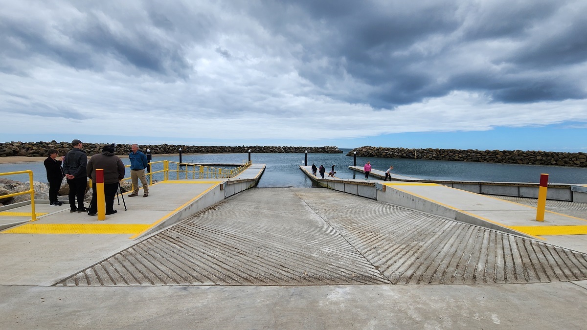 A view from the boat launching area at the upgraded O'Sullivan Beach boat ramp, looking towards the sea and the rock wall.