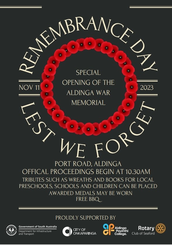 A flyer with details of the opening Remembrance Day event for the new Aldinga War Memorial, featuring text and a red poppy wreath on a black background.