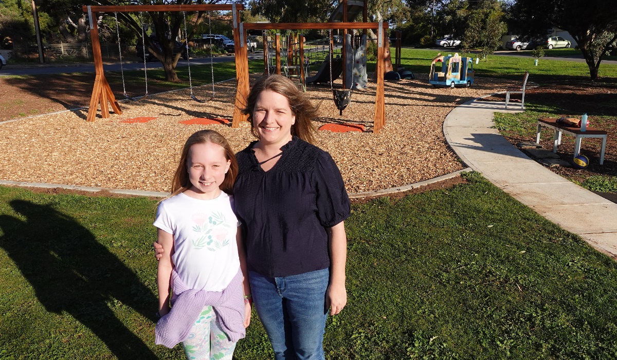 Ruby Cooper and mum Hannah at the Jasmine Avenue Park in Maslin Beach.
