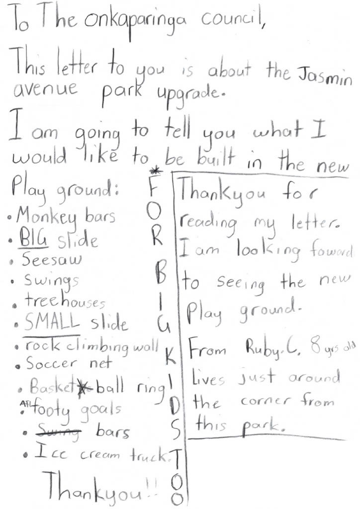 A letter written by Ruby Cooper-Milbank with her requests for the Jasmine Avenue reserve upgrade in Maslin Beach.