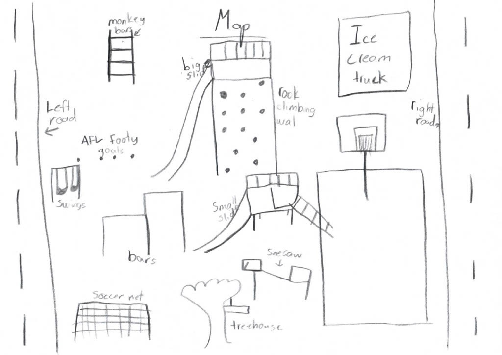 A hand-drawn map from Ruby Cooper-Milbank of her plans for Maslin Beach's Jasmine Avenue reserve upgrade.
