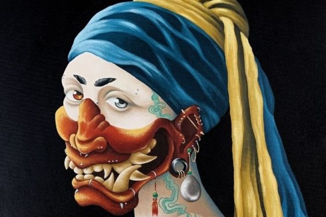An illustrated woman wearing a blue and yellow headscarf with a dragon-like red mouth and large teeth.