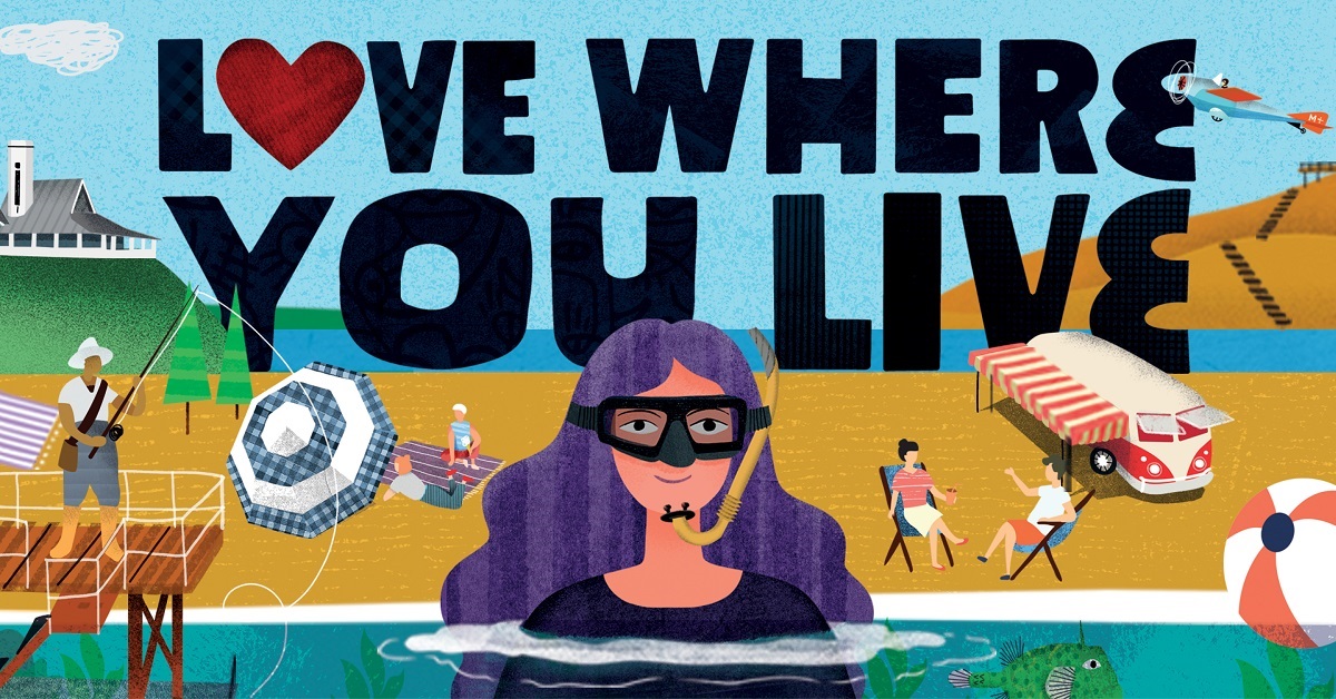 An illustrated picture of a woman with purple hair and a snorkel in front of a beach scene in Onkaparinga and the words 'Love where you live'.
