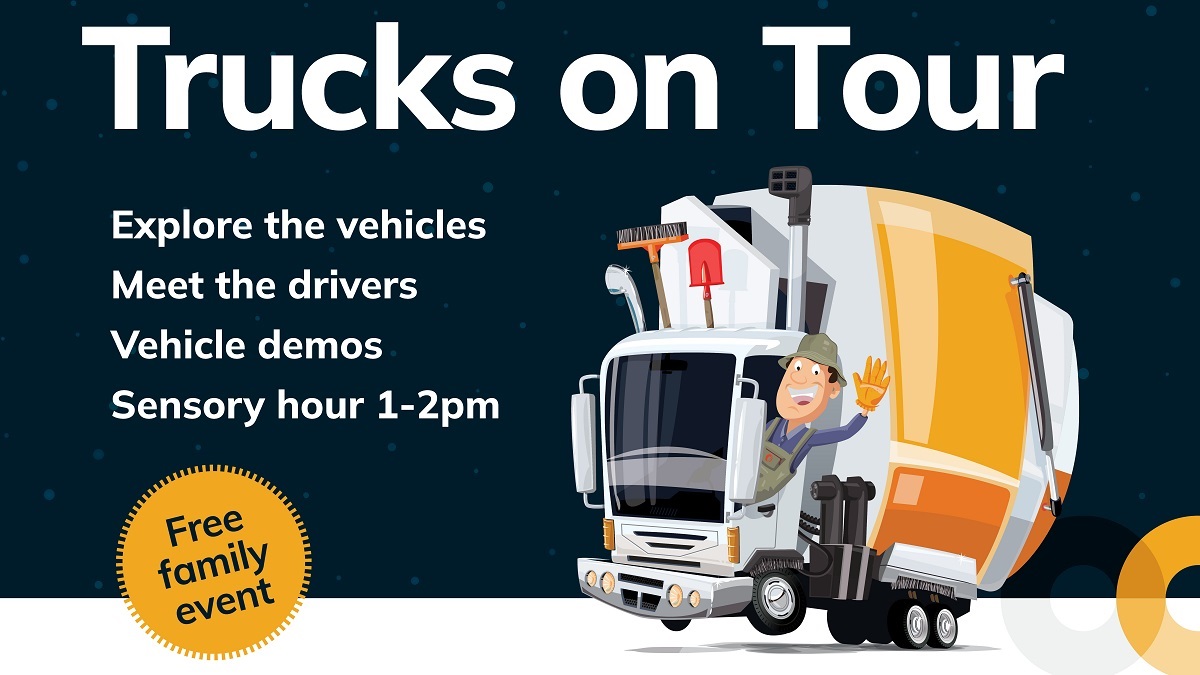 An illustrated white-and-orange garback truck with a waving driver, and text displaying the Trucks on Tour highlights.