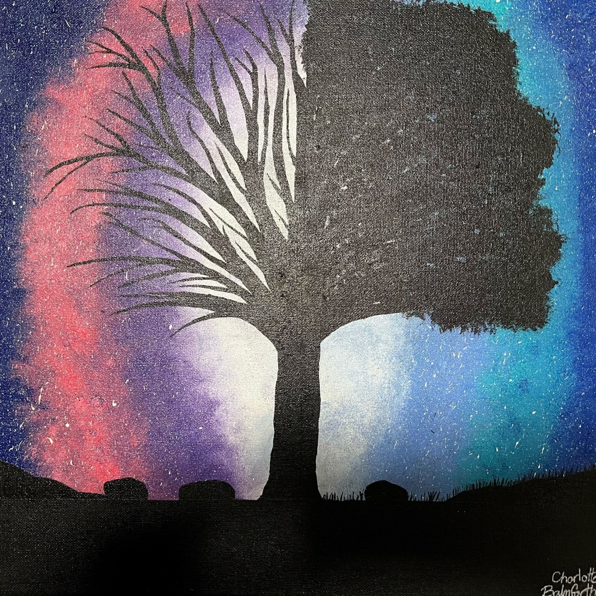 A painting of a silhouetted tree, half with leaves, the other half without, in front of a starry sky.