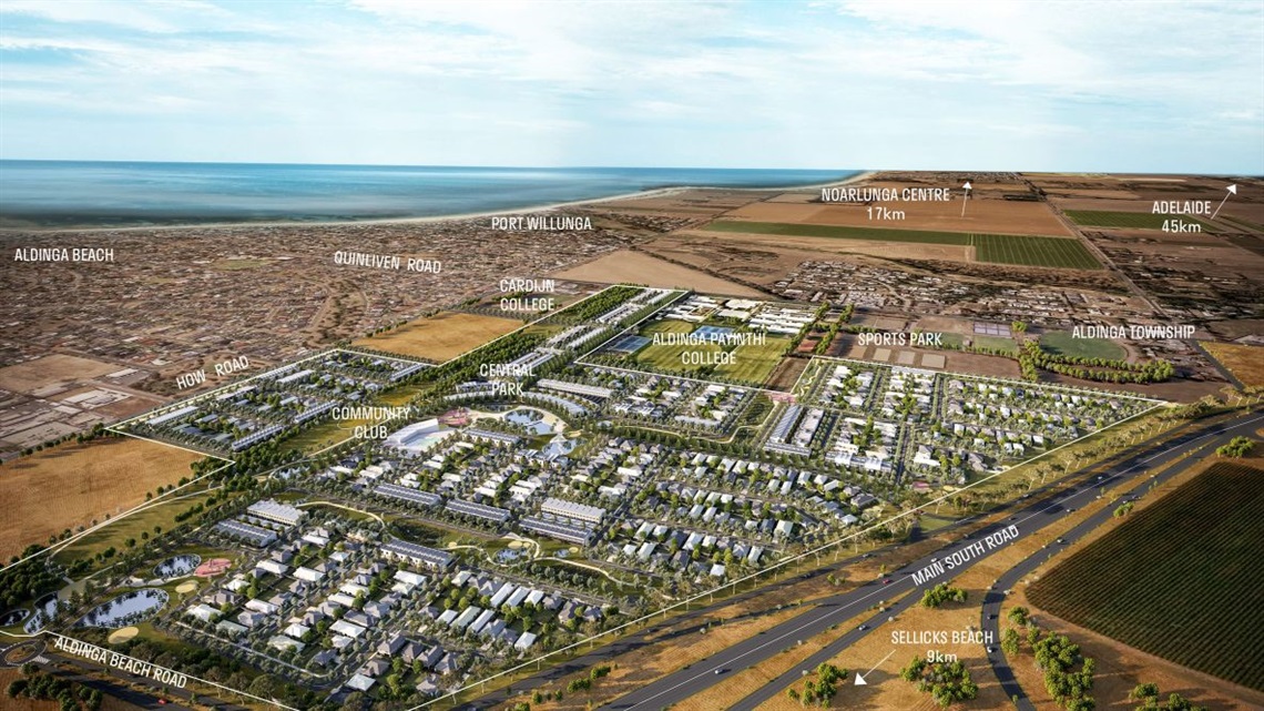 An aerial concept image of a new 800-home development in Aldinga.