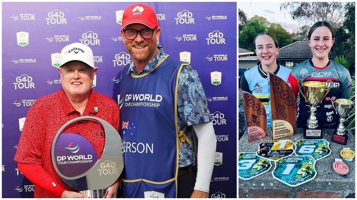 A collage featuring golfer Steven Alderson and caddie Trent Blucher smiling with one of Steven's trophies; alongside an image of BMX sisters, Penelope and Isabella Blackwell with some of their trophies and awards.