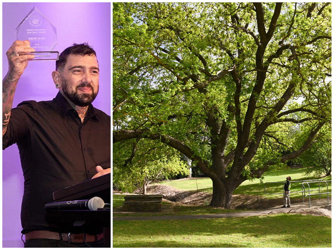 A collage image featuring Urban Cakes' Jeremy Allan holding his award, alongside another image of Coromandel Valley's award-winning pecan tree.