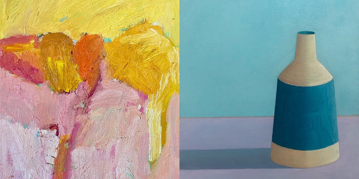 Two colourful paintings side-by-side from Louise Vadasz and Greg Clarke.