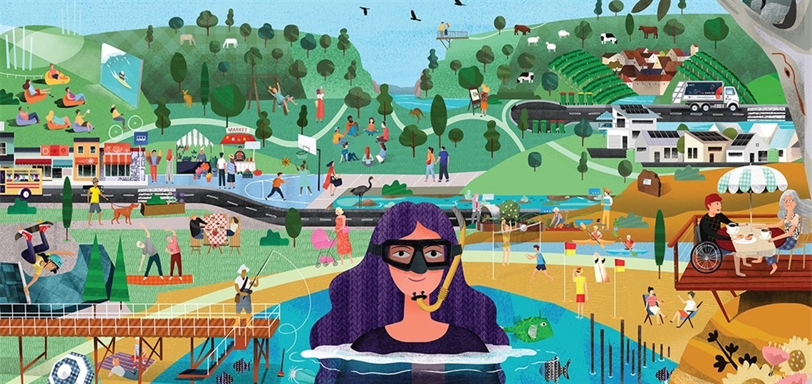A bright illustration of people enjoying facilities, open spaces and landmarks of Onkaparinga, with a purple-haired woman in a yellow snorkel front-and-centre.