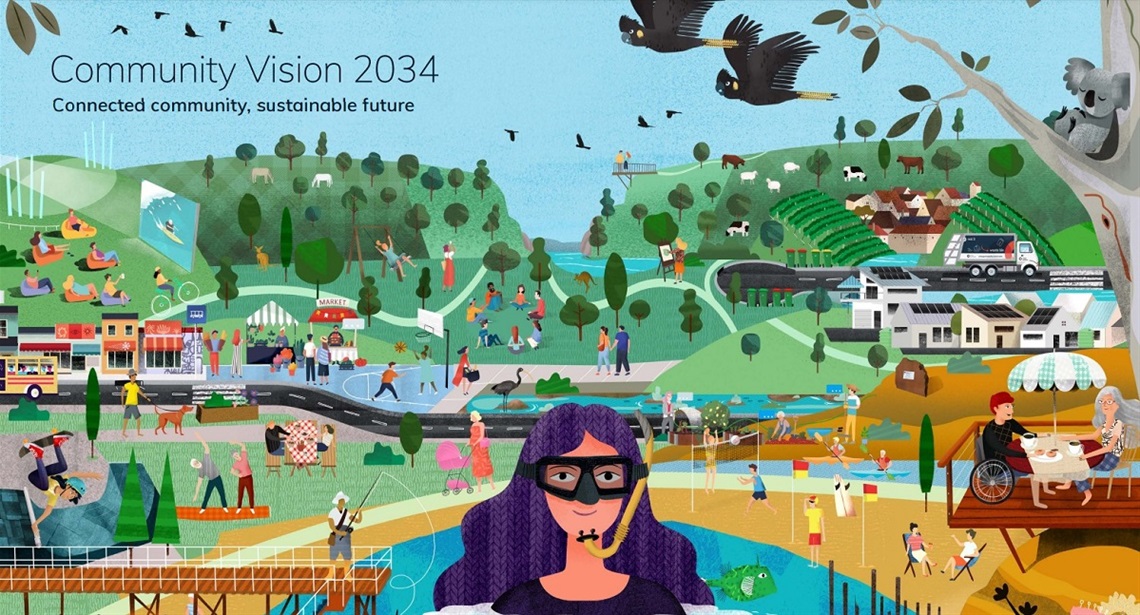 A colourful illustrated mural of Onkaparinga with a purple-haired woman in a snorkel smiling in the centre.