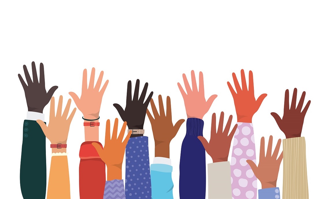 An illustrated image of hands being raised in the air, with arms in varying shades of skin colour and clothing.