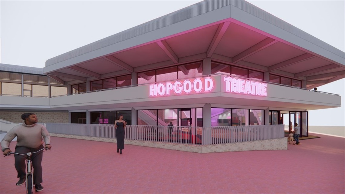 An artist impression of the Hopgood Theatre refurbishment from the outside, displaying a bold white building with pink 'Hopgood Theatre' lettering.
