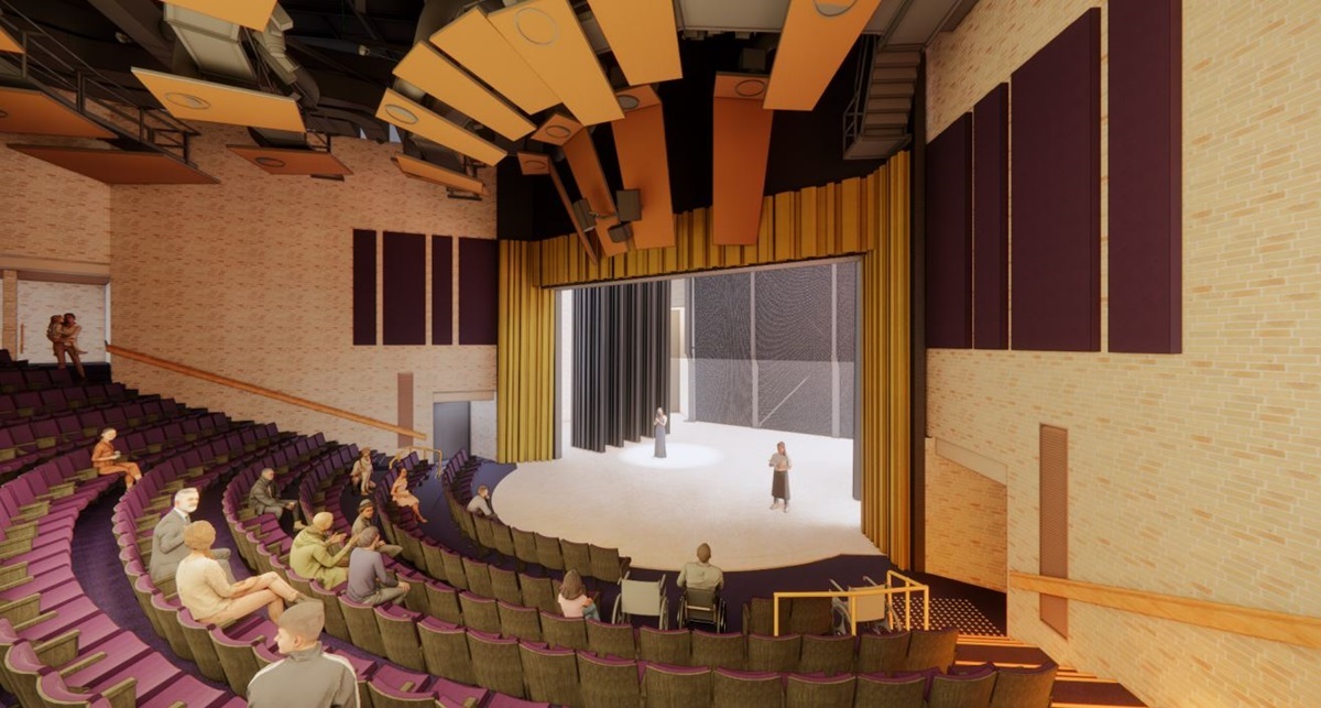 An artist impression of the view from inside the completed Hopgood Theatre upgrade showing vast rows of seats and a stage below.
