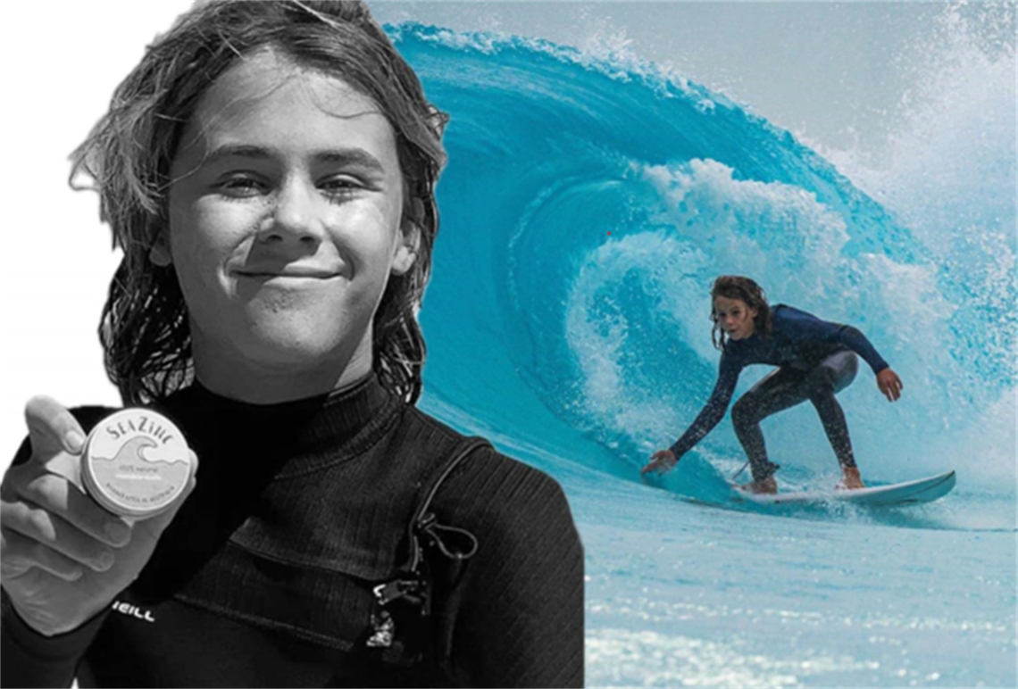 An indicative concept of the proposed mural honouring surfer Khai Cowley, featuring a smiling Khai holding a media in black-and-white on the left, and a wetsuited Khai surfing an aquamarine wave on the right.