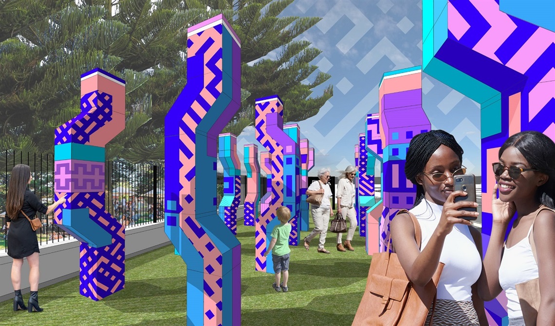 An artist impression of the proposed public artworks along Main Street, McLaren Vale, with two smiling women in sunglasses standing alongside colouful pillars and the entrance to Hardys Tintara winery.