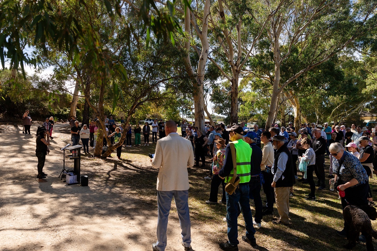 A large crowd gather to hear speeches at the launch of the Minkarra Park Link Path.