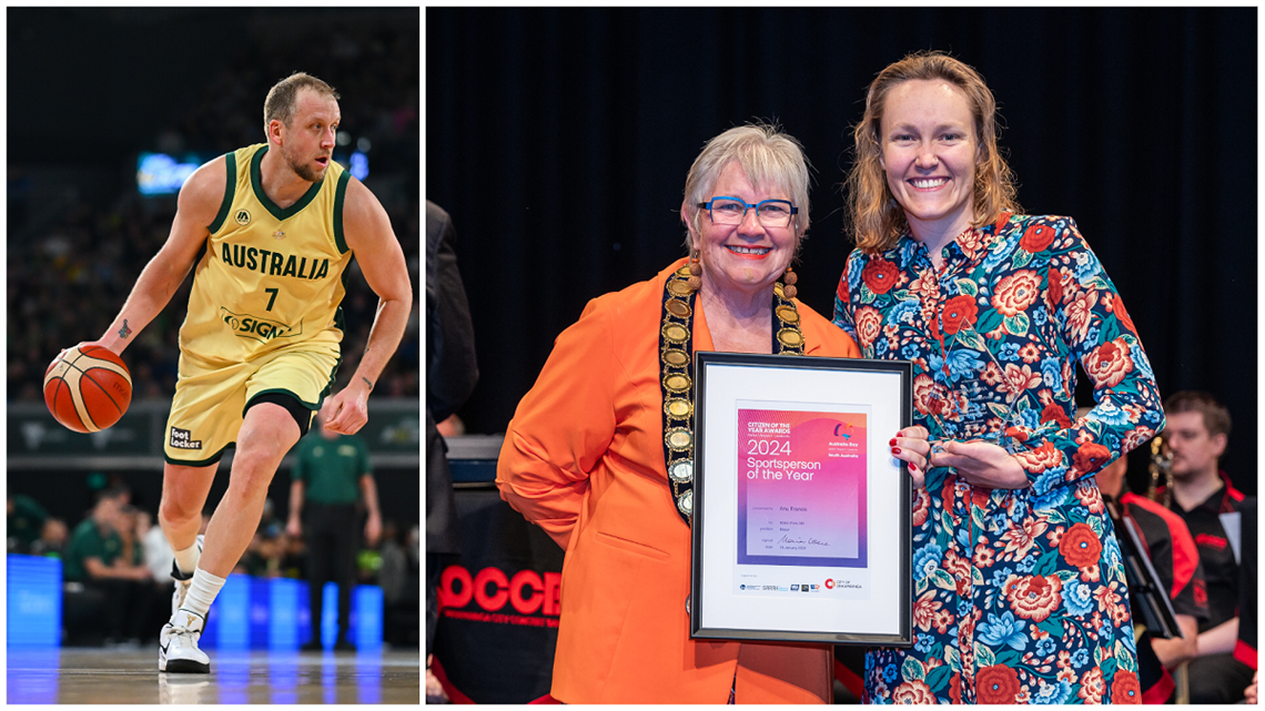 A photo of basketballer Joe Ingles alongside a photo of Anu Francis being presented with an award from Onkaparinga Mayor Moira Were.