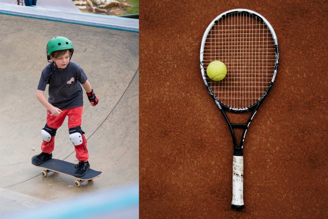 A young boy skateboards along a ramp wearing protective gear, with another image of a tennis racquet and ball on a clay surface alongside it.