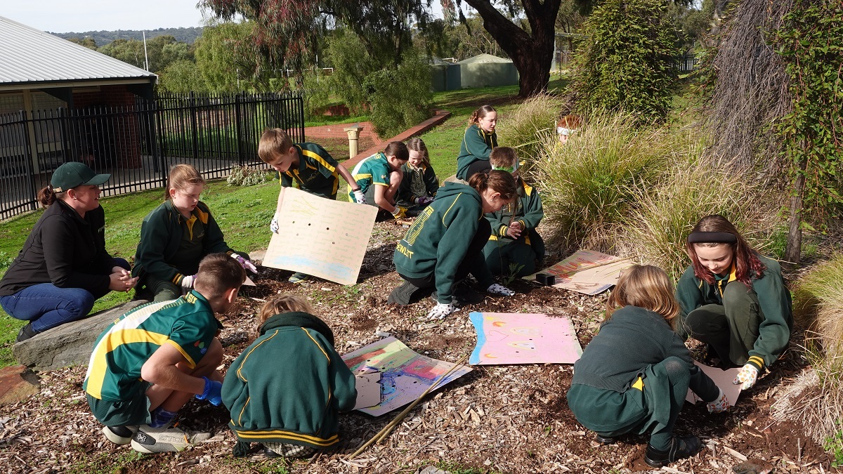 Students plant trees in pairs in a garden bed at Flagstaff Hill Primary School.