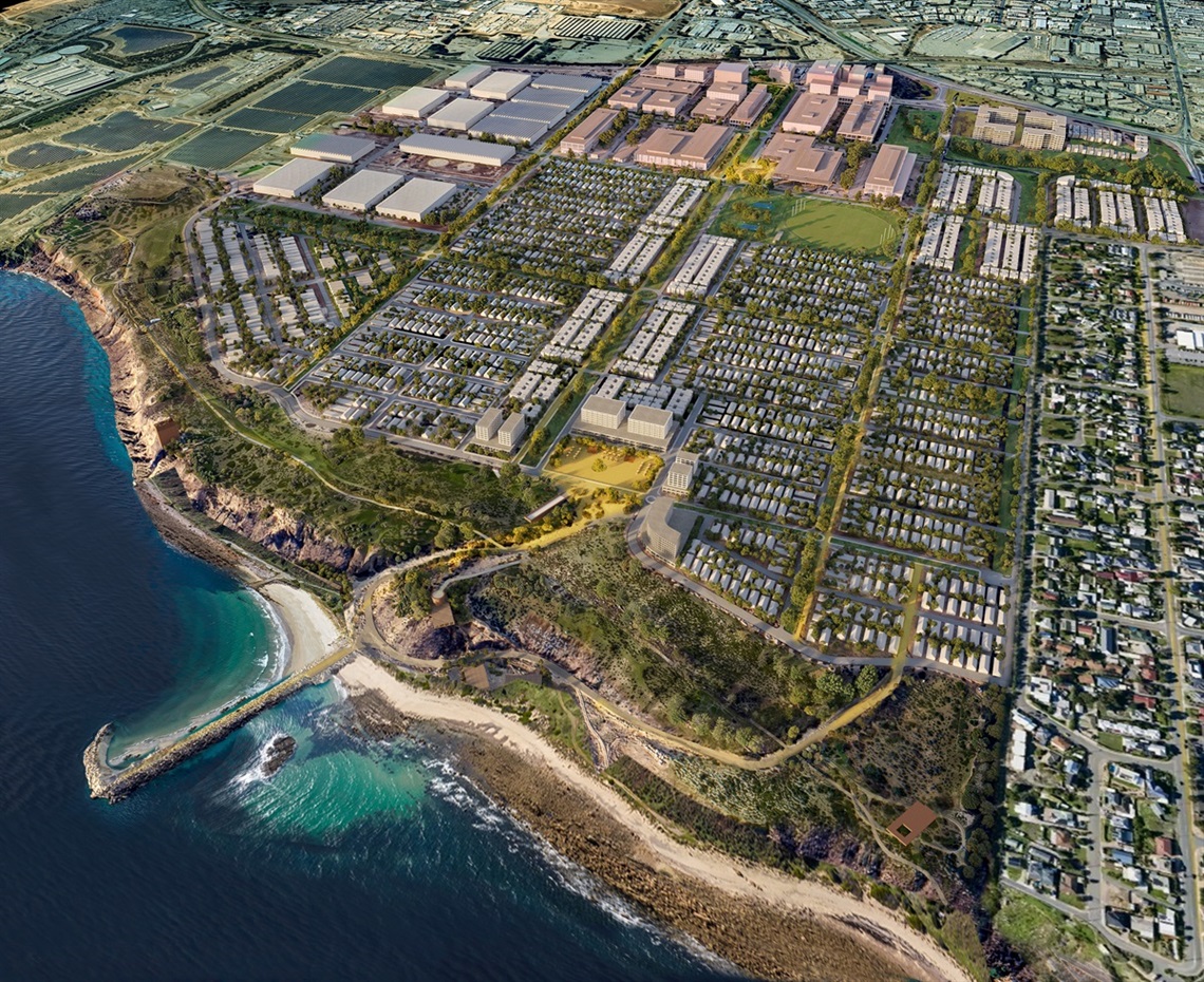 An aerial artist's impression of a housing development at Port Stanvac showing the coast and new community.