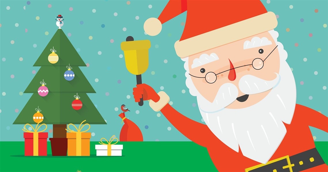 An illustration of Santa ringing a bell with a Christmas tree and presents behind him.