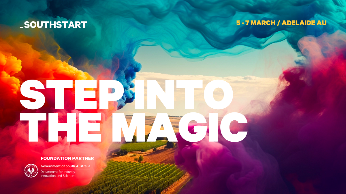A SouthStart promotional logo including colourful smoke atop an image of rolling vineyards.