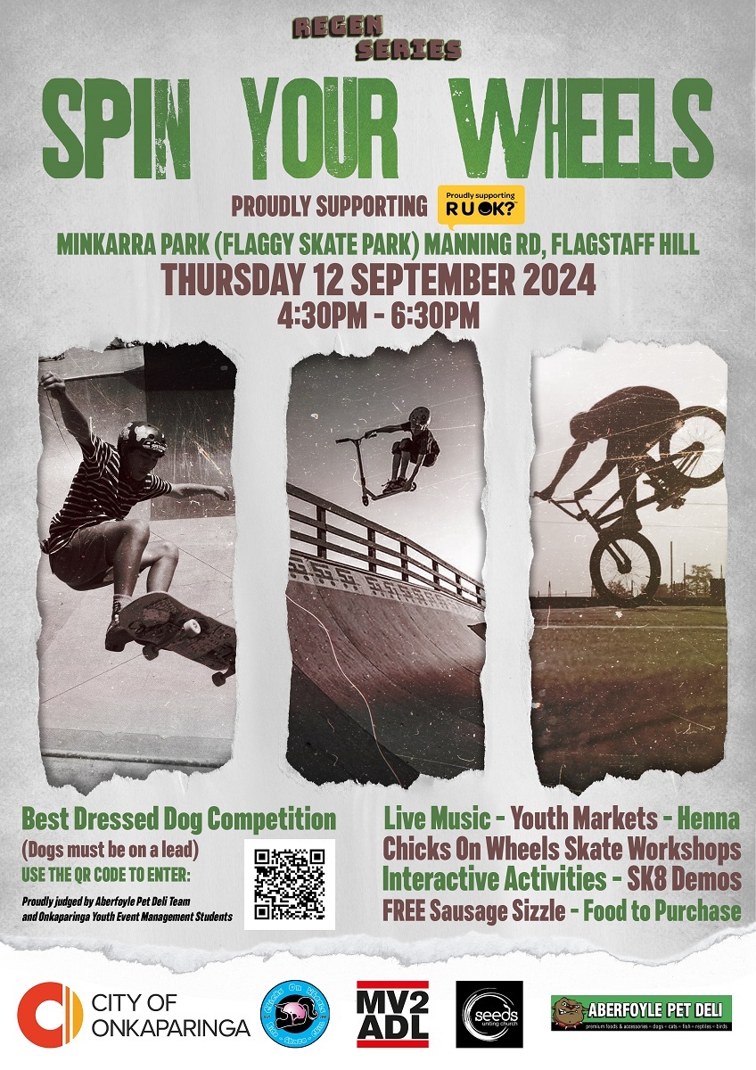 A Spin Your Wheels flyer featuring skate park images and all the details about the event.