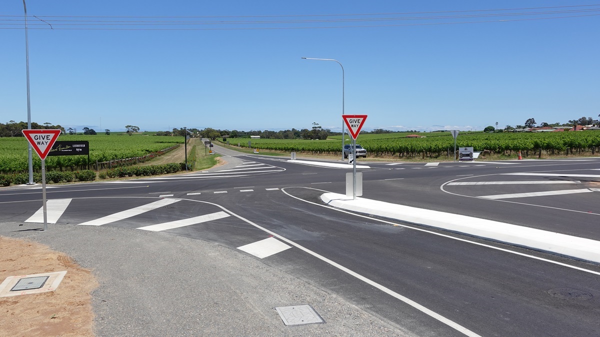 A view of the intersection at Main Road, McMurtrie Road and Johnston Road, McLaren Vale.