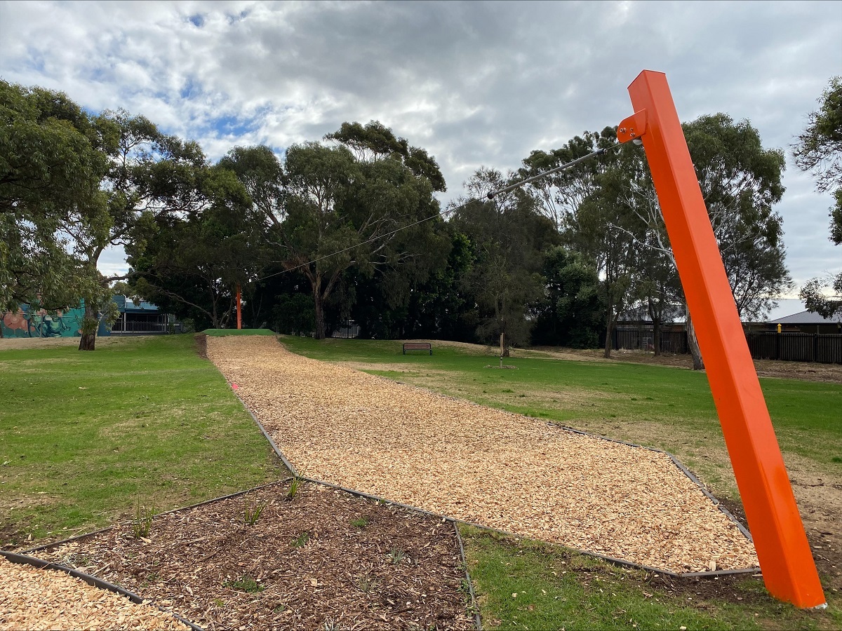 A flying fox suspended between orange posts at the upgraded Wakefield Reserve.