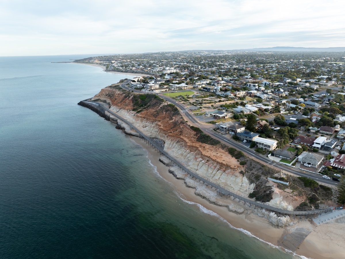 An aerial view of Witton Bluff, showing the new boardwalk winding its way around the cliff.