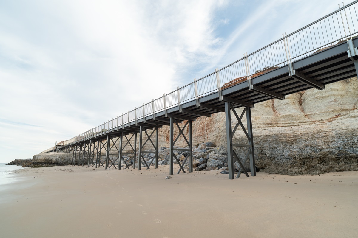 A view from underneath the new boardwalk at Witton Bluff, showing the metal support beams.