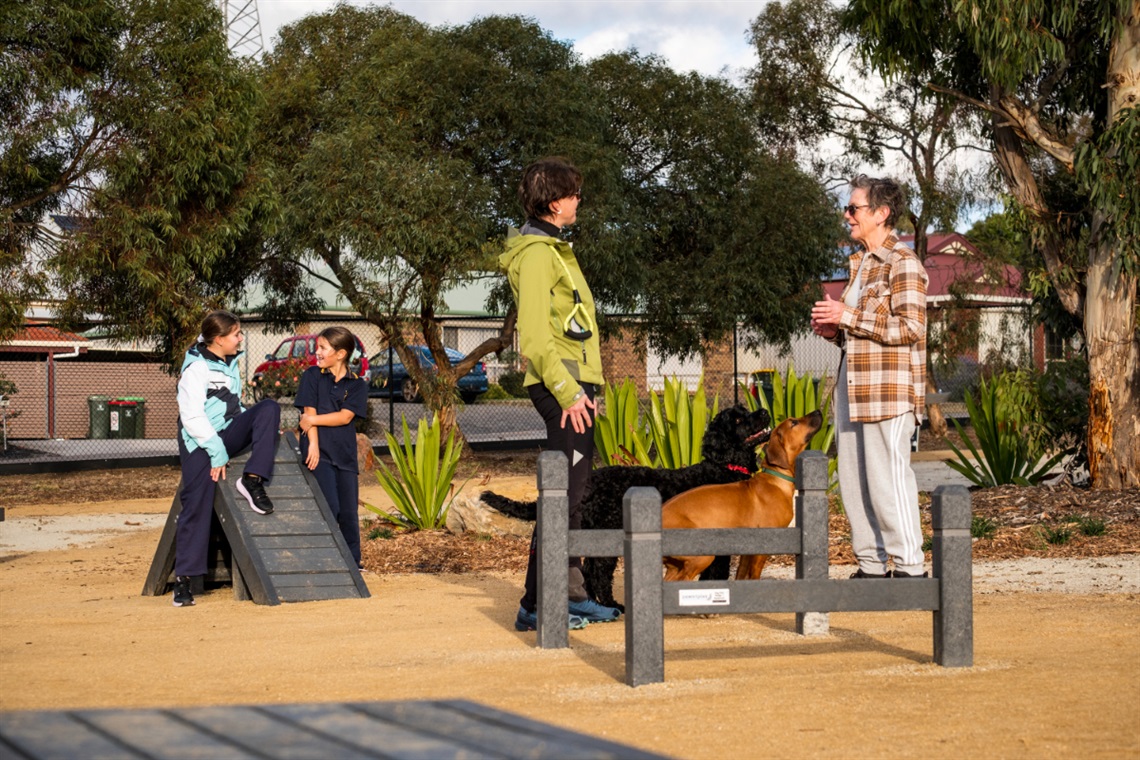 Four residents - two girls and two older women - chat at a dog park with dog agility equipment around them with two dogs - a black and a tan one - alongside them.