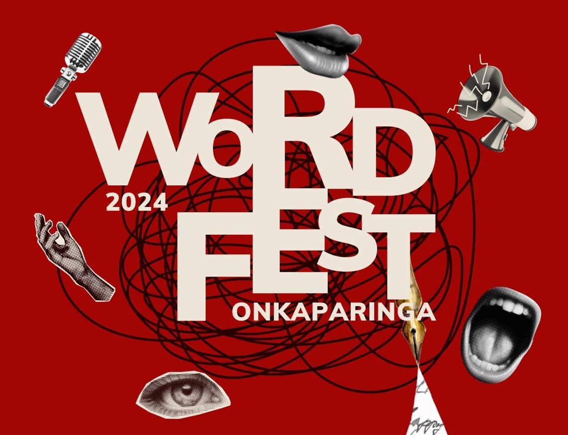 The Wordfest Onkaparinga logo on a red background with black-and-white images of mouths, a megaphone, a microphone and a hand.