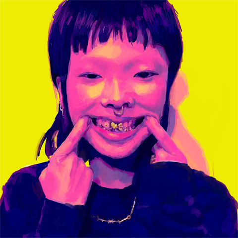 A colourful image of a young person with a nose ring pulling a smiling face.