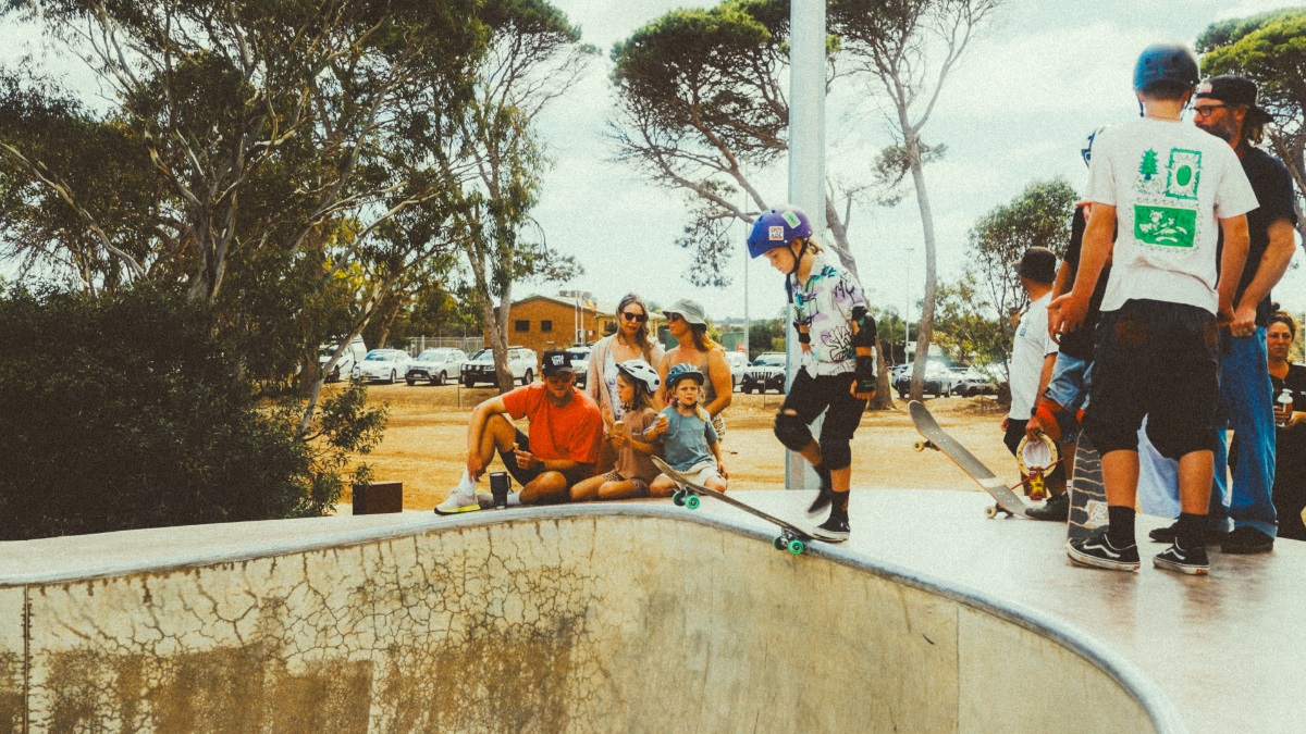 A young girl prepares to drop into a skate ramp at Aldinga.