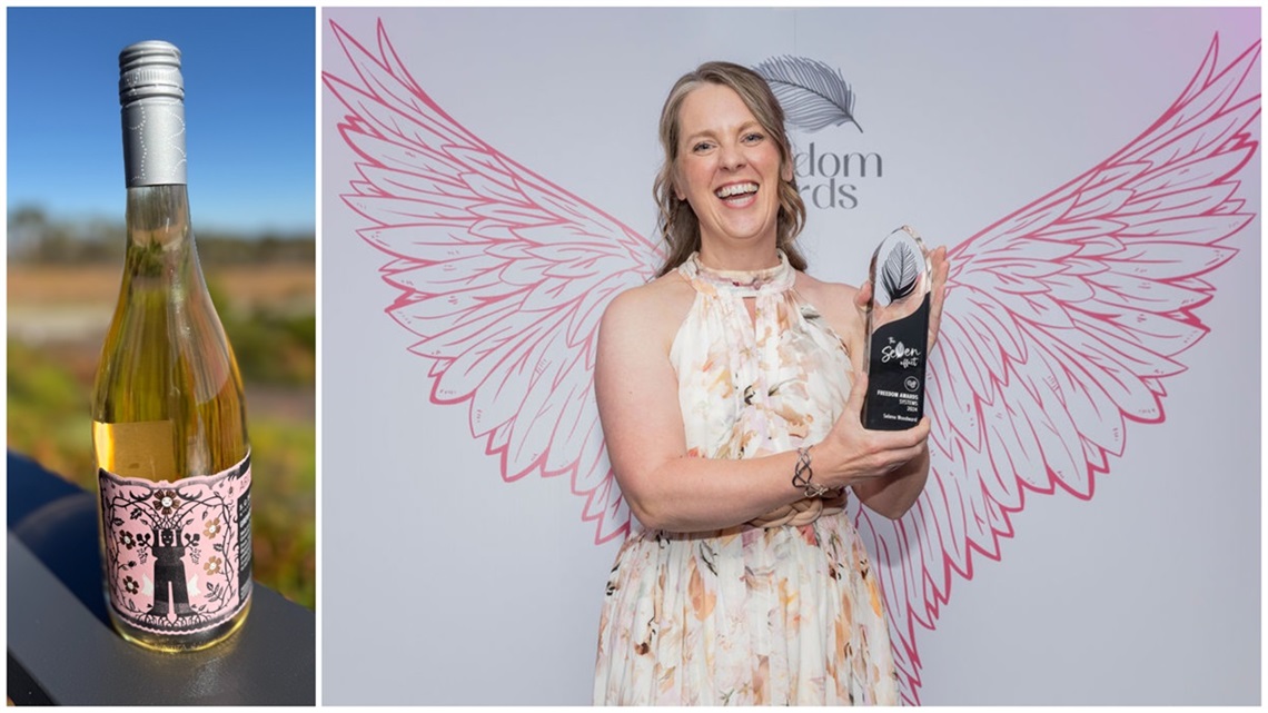 A collage featuring an award-winning bottle of S.C. Pannell wine with a vineyard in the background, and smiling business coach Selena Woodward holding her award.