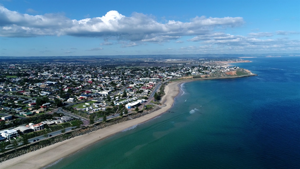 An aerial photograph of the coastline at Christies Beach.