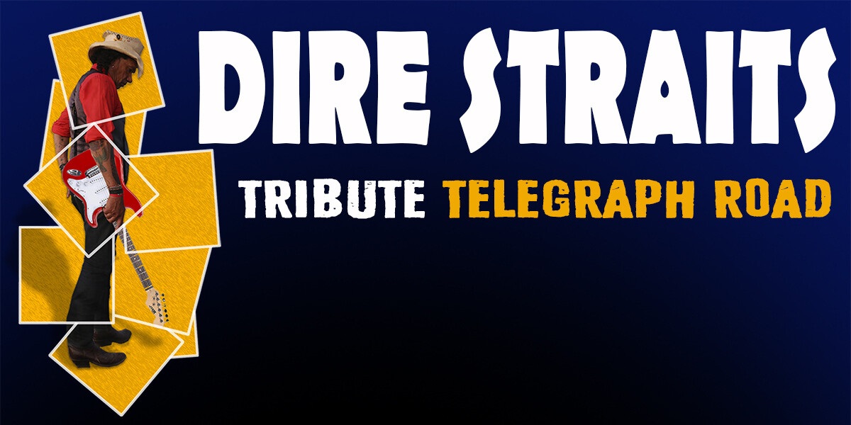 A collage image of a performer in a red shirt with a red electric guitar with the words, 'Dire Straits Tribute Telegraph Road' on top.