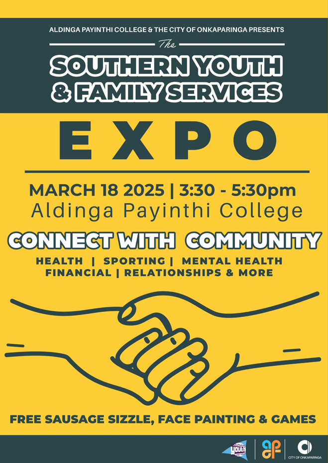 A yellow and blue poster promoting the inaugural Southern Youth and Family Services Expo featuring all the event details including date, location, food and entertainment.