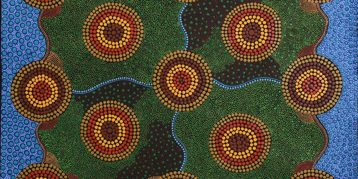 A detailed Indigenou dot painting with green, yellow, red and blue dots, circles and lines.
