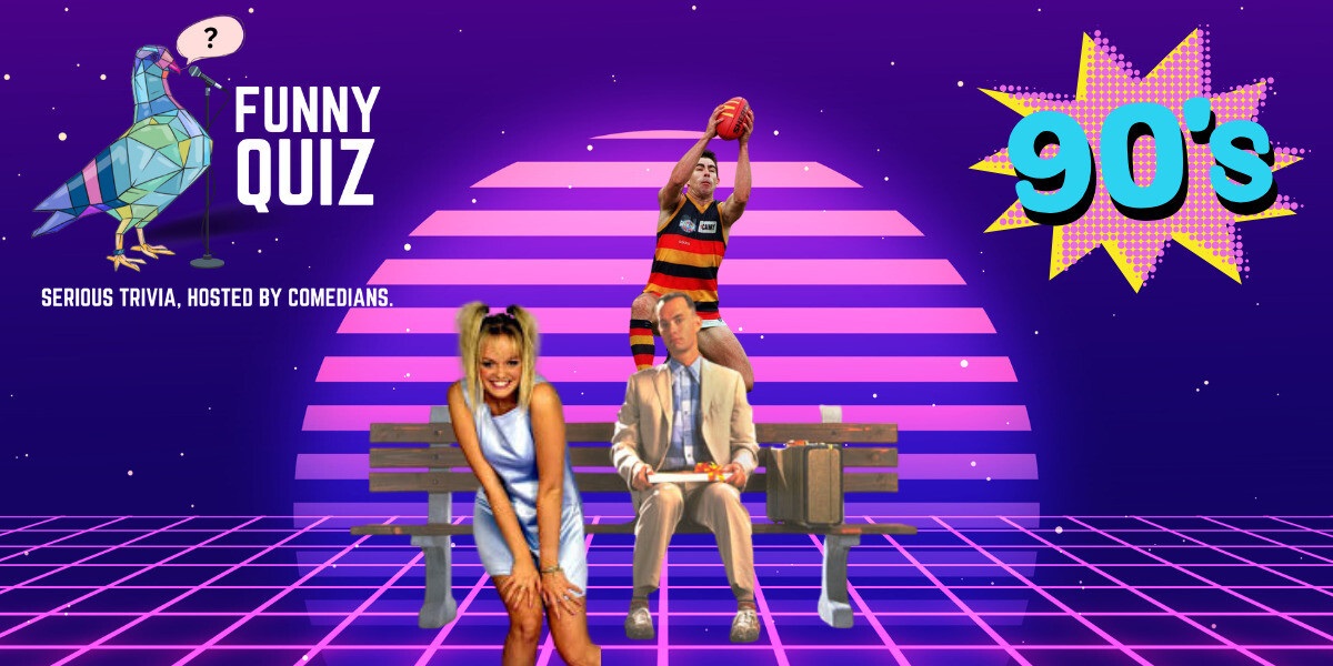 A slide promoting the Funny Quiz with a purple background and 90s-style design, with images of 1990s cultural icons (Adelaide Crows player Darren Jarman, Spice Girl Baby Spice, and Forrest Gump).