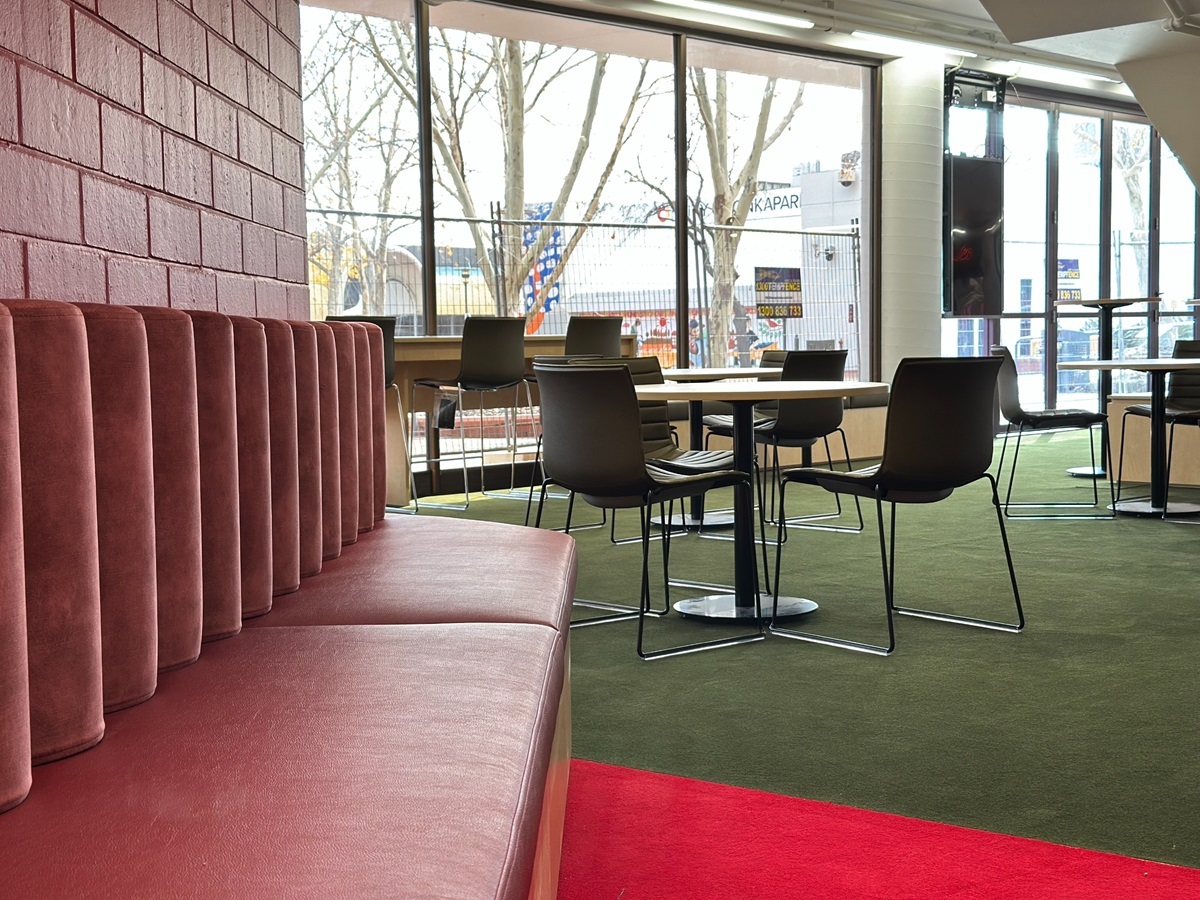 A view from seating inside the lobby area of the Hopgood Theatre's upgraded interior.