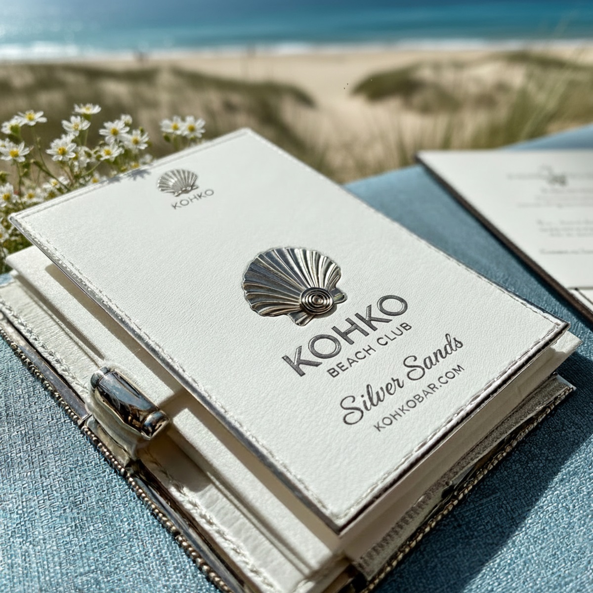 A menu on a table by the sea that reads 