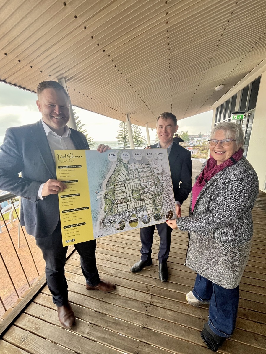 MP for Black, Alex Dighton; Planning Minister Nick Champion; and Onkaparinga Moira Were with the Port Stanvac master plan on Monday 9 June.