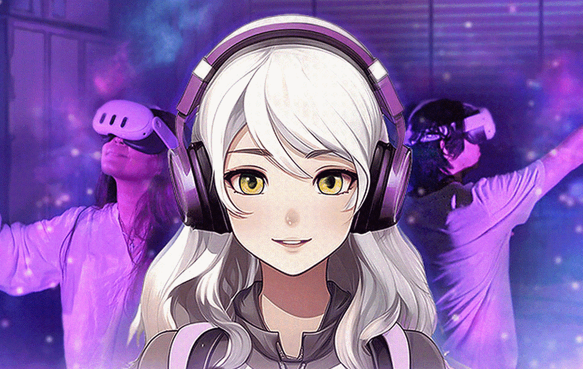 A smiling digital animated avatar with white hair and headphones with a purple backdrop and a composite image of two teenagers wearing virtual reality headsets. 