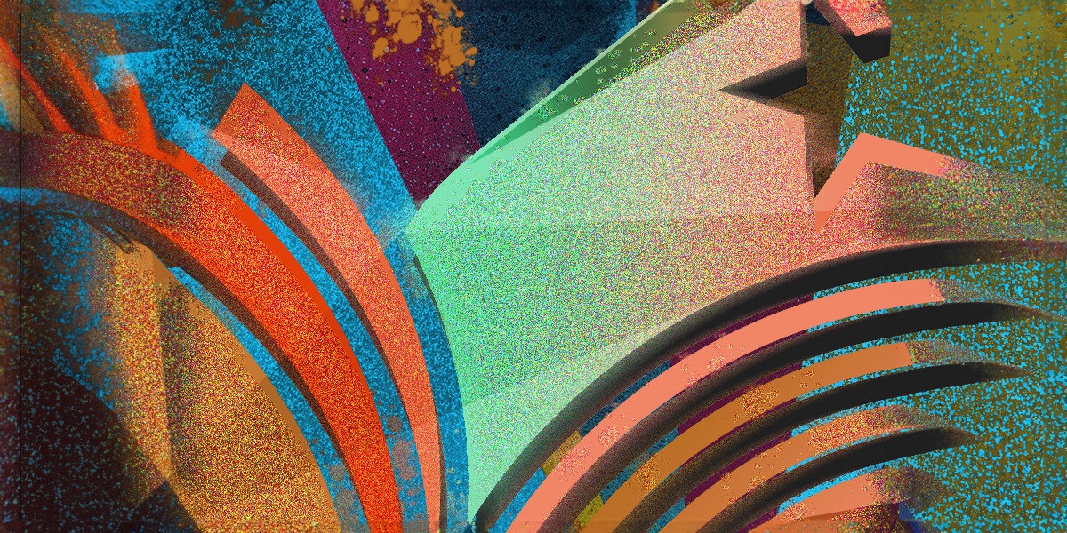An abstract image featuring colouful stripes, dots, stars and other shapes.