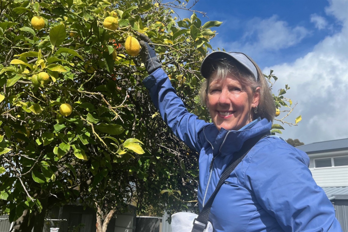 A smiling woman in a blue jacket extends her arm to hold a lemon in a tree.