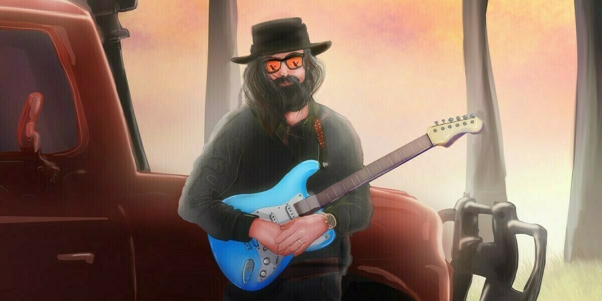 A stylised image of a bearded man with long hair and black clothing holding a blue electric guitar alongside a red ute.